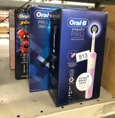 QUANTITY OF HEALTH & BEAUTY ITEMS TO INCLUDE ORAL-B VITALITY PRO ELECTRIC TOOTHBRUSHES FOR ADULTS, 1 HANDLE, 2 TOOTHBRUSH HEADS, 3 BRUSHING MODES INCLUDING SENSITIVE PLUS, PURPLE: LOCATION - D RACK