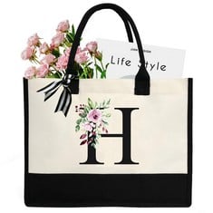 15 X CHIREST PERSONALIZED INITIAL CANVAS TOTE BAG FOR WOMEN,MONOGRAMMED A-Z GIFT TOTE BAG FOR WEDDING, BIRTHDAY, HOLIDAY. PRESENT BEACH BAG FOR WOMEN, MOM, BRIDESMAIDS,TEACHERS.(H) - TOTAL RRP £187: