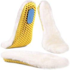 18 X AILAKA SHEEPSKIN SPORT INSOLES FOR WOMEN & MEN, PREMIUM THICK WOOL FUR FLEECE REPLACEMENT WARM INSERTS FOR SHOES BOOTS SLIPPERS SNEAKERS, WHITE/YELLOW, 7 UK WOMEN - TOTAL RRP £180: LOCATION - B