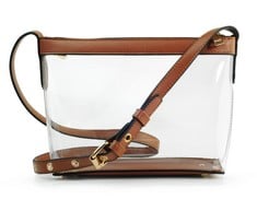 9 X HOXIS CLEAR ZIPPER CROSS BODY BAG WITH VEGAN LEATHER TRIM, BROWN, S - TOTAL RRP £99: LOCATION - B RACK