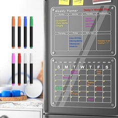 6 X W&H MAGNETIC ACRYLIC CALENDAR FOR FRIDGE, 2 PCS 16"X12" MONTHLY & WEEKLY CLEAR MAGNETIC CALENDAR FOR REFRIGERATOR, REUSABLE DRY ERASE MAGNETIC FRIDGE CALENDAR INCLUDES 8 MARKERS 6 COLORS - TOTAL