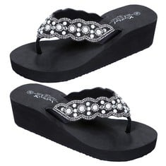 8 X HOLIBANNA WEDGE SANDALS PLATFORM PEARL DIAMOND STRAP NON-SLIP BEACH SHOES SLIP ON TOE POST SLIPPERS (23.0CM, 6US, 3.5UK, 36.5EU, 9.039INCH) BLACK - TOTAL RRP £100: LOCATION - A RACK