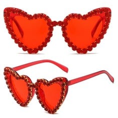 QUANTITY OF GLAM VINTAGE DIAMOND HEART SUNGLASSES, TRENDY BLING RHINESTONE CAT EYE SUNGLASSES FOR GIRLS WOMEN SHOPPING TRAVELING DRIVING SUMMER FANCY FUNNY PARTY ACCESSORIES (RED) - TOTAL RRP £379: L