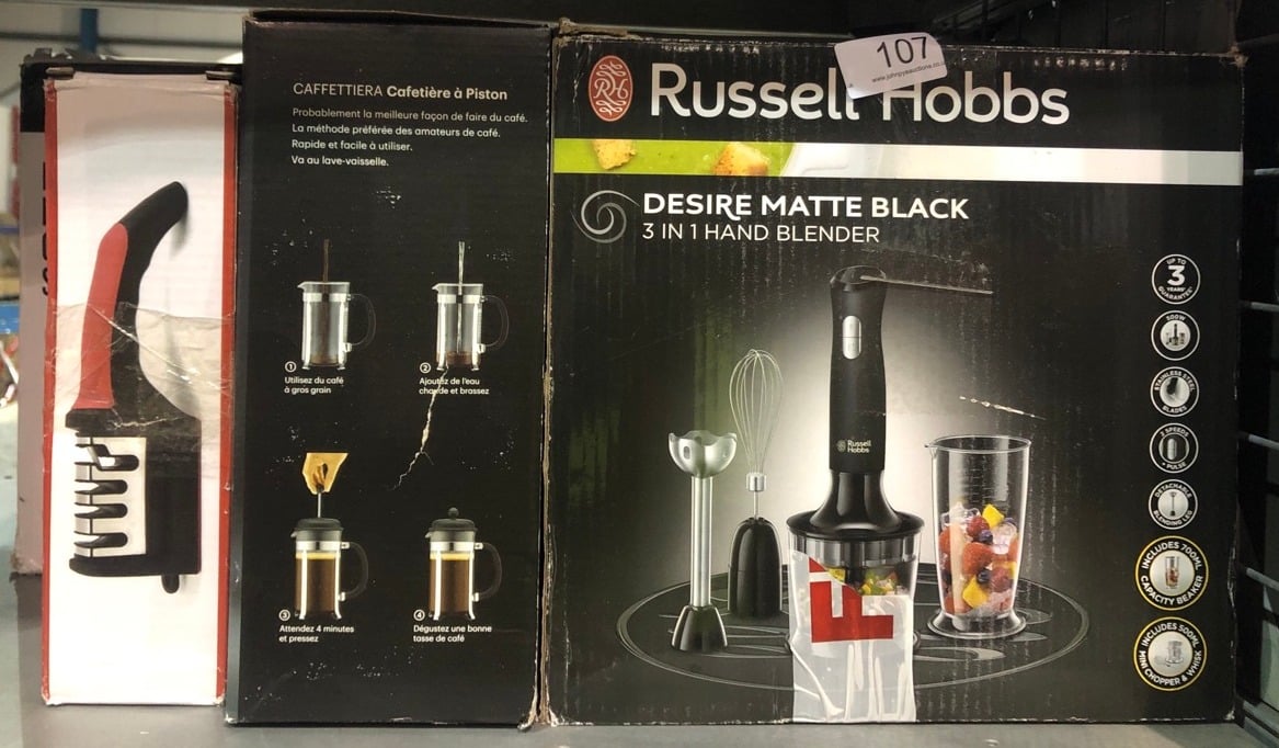 QUANTITY OF KITCHEN & APPLIANCES ITEMS TO INCLUDE RUSSELL HOBBS DESIRE 3 IN 1 ELECTRIC HAND BLENDER, FRUIT & VEG MINI CHOPPER & WHISK ATTACHMENT, STAINLESS STEEL BLENDING LEG, WHISK & BLADES, 500ML C