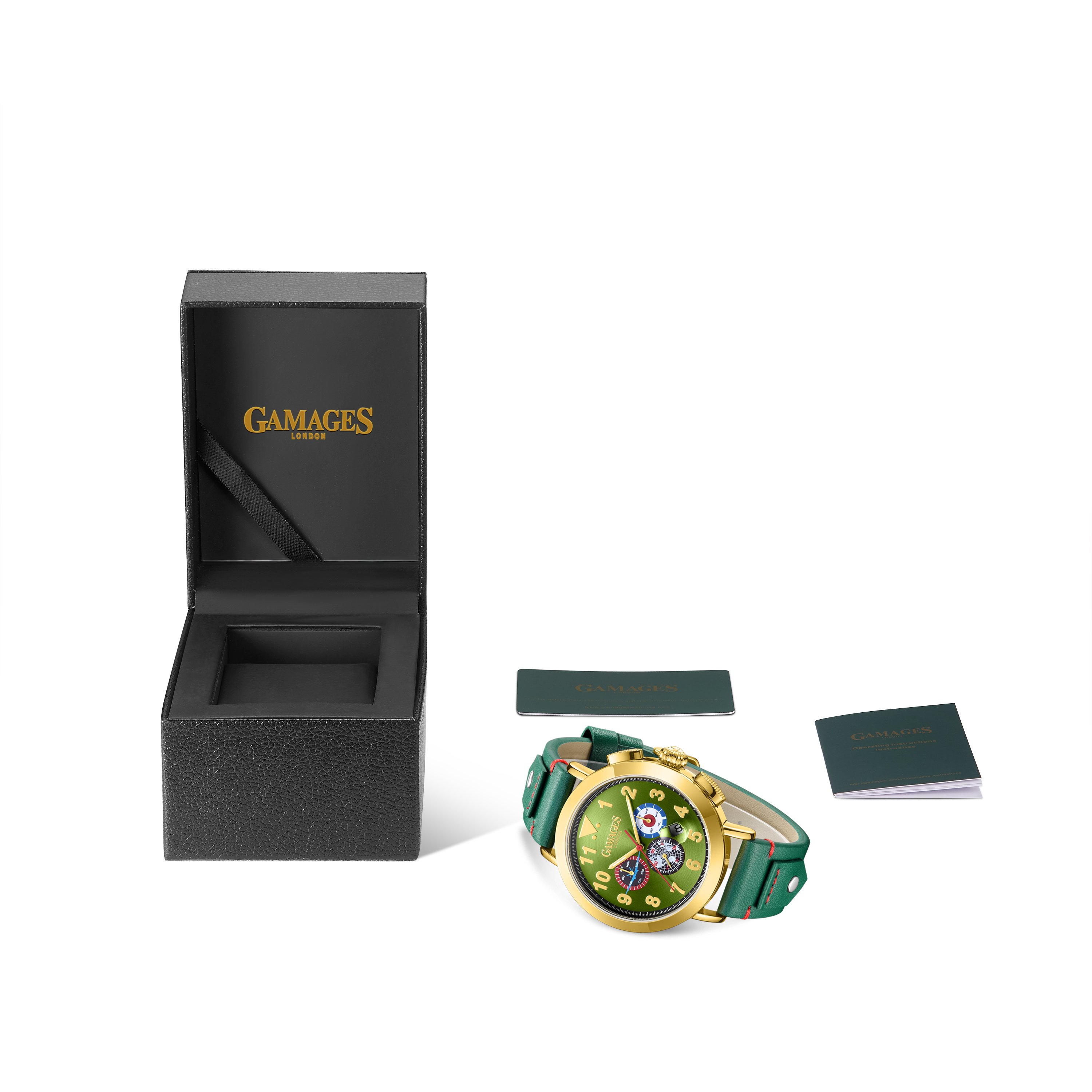 GAMAGES OF LONDON LIMITED EDITION HAND ASSEMBLED PRECISION AUTOMATIC GOLD OLIVE WATCH SKU:GA1871 £810: LOCATION - A