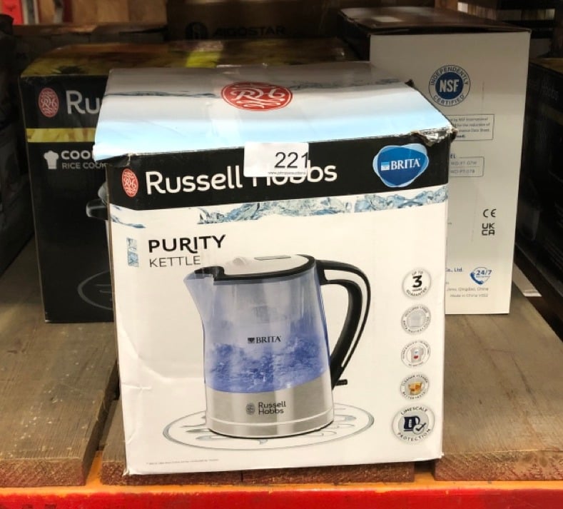 QUANTITY OF KITCHEN & APPLIANCES ITEMS TO INCLUDE RUSSELL HOBBS 22851 BRITA FILTER PURITY ELECTRIC KETTLE, ILLUMINATING FILTER KETTLE WITH BRITA MAXTRA CARTRIDGE INCLUDED, 3000 W, 1.5 LITRE, PLASTIC: