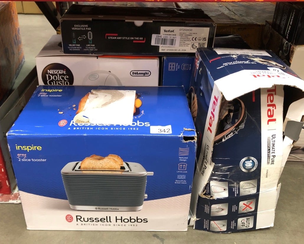 QUANTITY OF KITCHEN & APPLIANCES ITEMS TO INCLUDE RUSSELL HOBBS INSPIRE 2 SLICE TOASTER (EXTRA WIDE SLOTS, HIGH LIFT FEATURE, 6 BROWNING LEVELS, FROZEN/CANCEL/REHEAT FUNCTION WITH BLUE LED ILLUMINATI