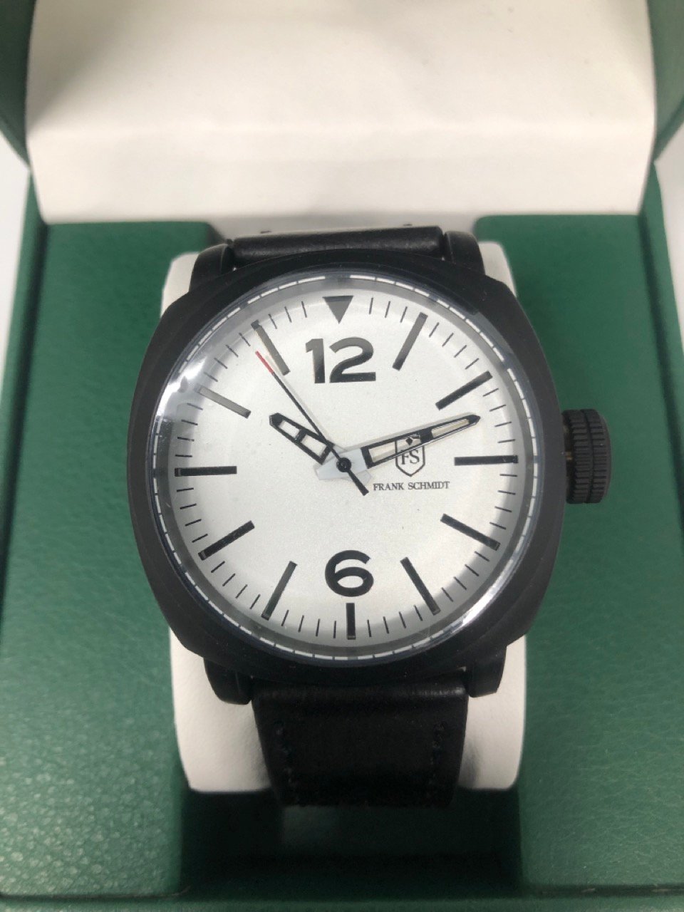 MENS FRANK SCHMIDT WATCH - LARGE BLACK CASE - WHITE PILOT DIAL - LEATHER STRAP - 3ATM WATER RESISTANT RRP £290: LOCATION - A