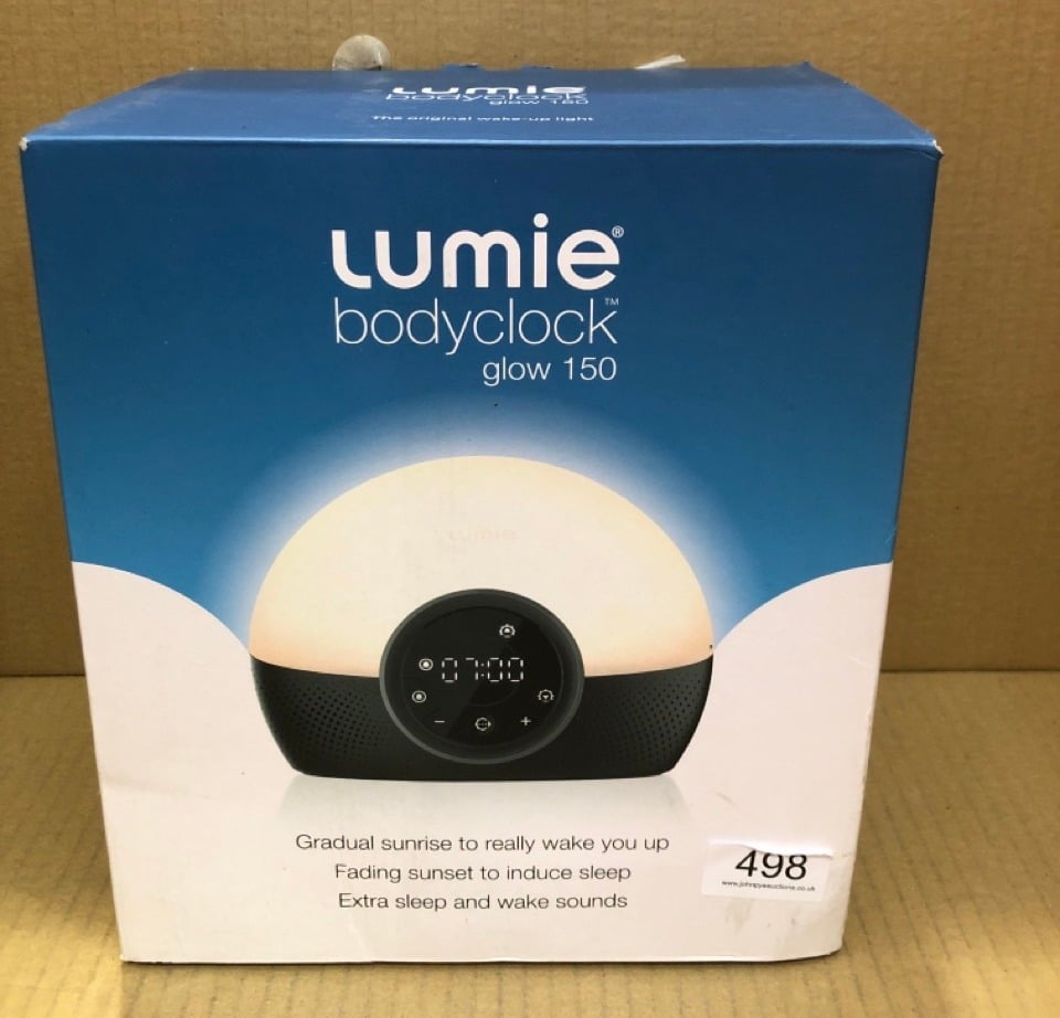 1 X LUMIE BODYCLOCK GLOW 150 - WAKE-UP LIGHT ALARM CLOCK WITH 10 SOUNDS AND SLEEP SUN, WHITE.: LOCATION - D