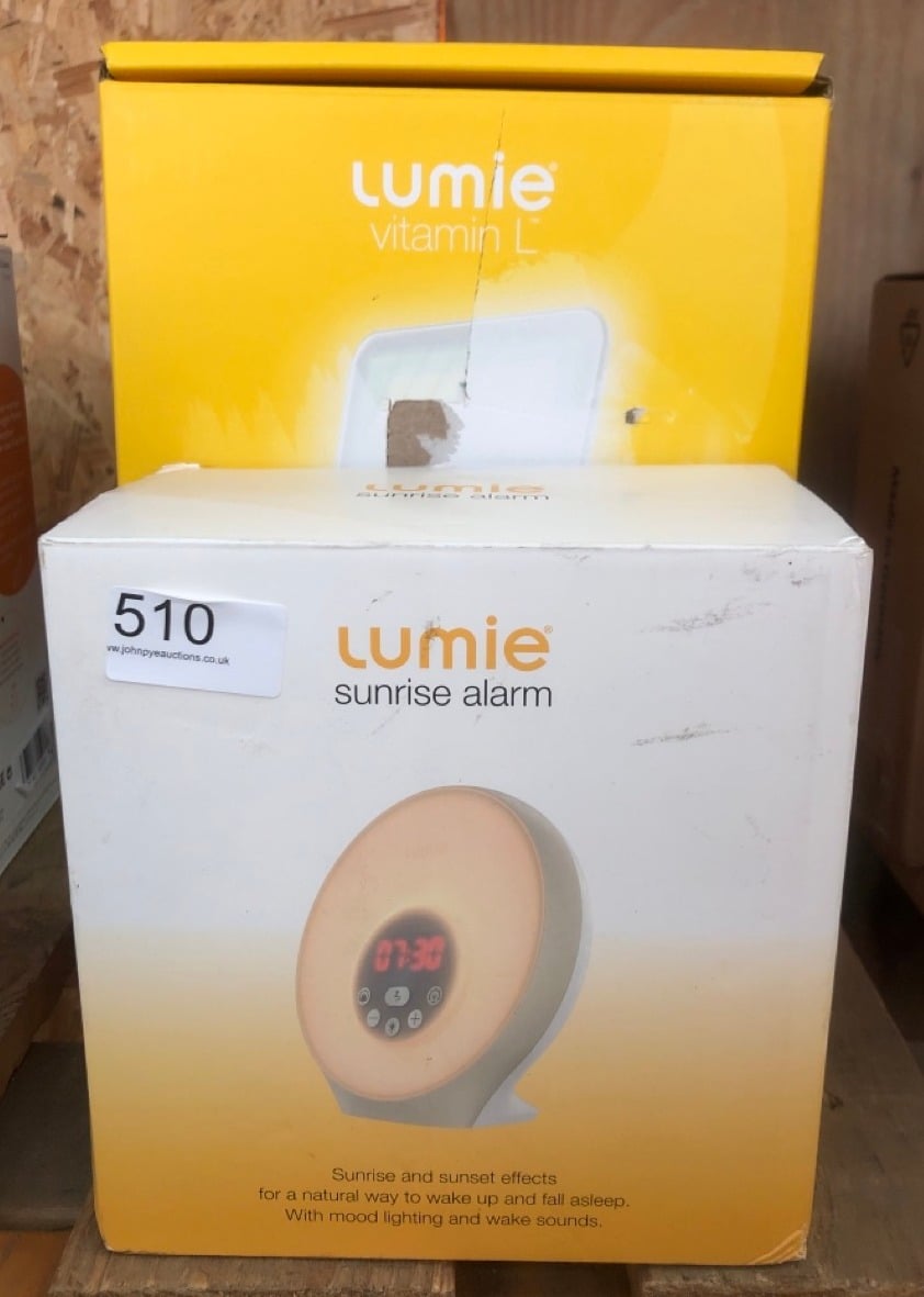 QUANTITY OF ITEMS TO INCLUDE LUMIE SUNRISE ALARM - SUNRISE WAKE-UP ALARM, SUN SLEEP FEATURE, SOUNDS AND MOOD LIGHTING, WHITE, LUMIE VITAMIN L, SLIM LIGHT BOX FOR EFFECTIVE SAD LIGHT THERAPY, WHITE.: