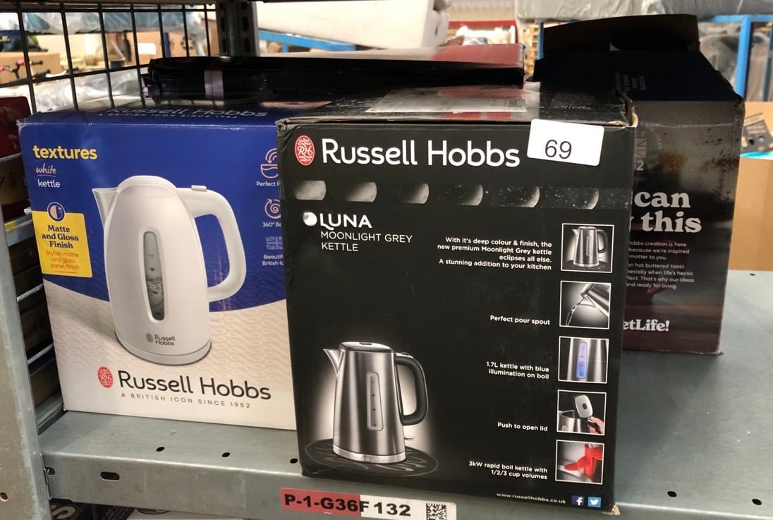 QUANTITY OF KITCHEN & APPLIANCES ITEMS TO INCLUDE RUSSELL HOBBS LUNA GREY STAINLESS STEEL 1.7L CORDLESS ELECTRIC KETTLE (QUIET & FAST BOIL 3KW, REMOVABLE WASHABLE ANTI-SCALE FILTER, EASY PUSH BUTTON