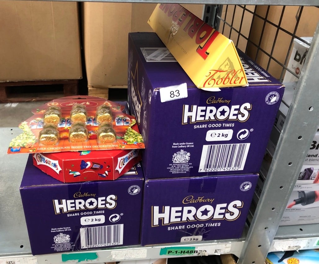 QUANTITY OF FOOD & DRINK ITEMS TO INCLUDE CADBURY HEROES CHOCOLATE BULK SHARE BOX, ASSORTED MINI-SIZE MILK CHOCOLATE BARS, 2 KG (PACK OF 1) SOME ITEMS MAY BE PAST BBD: LOCATION - A