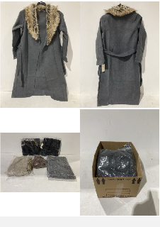 A BOX TO INCLUDE WOMEN BROWN WOOL COAT WITH A FUR HOOD