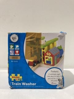 A BOX TO INCLUDE BIGJIGS RAIL TRAIN WASHER