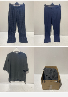 A BOX OF CLOTHING TO INCLUDE MENS BLUE PJ BOTTOMS