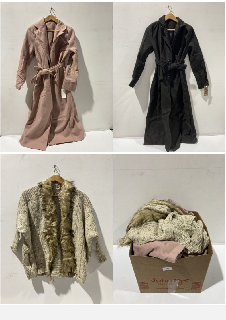 A BOX TO INCLUDE WOMEN BROWN WOOL COAT WITH A FUR HOOD