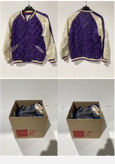 A BOX TO INCLUDE MILITARY OUTFITTING MQC PURPLE JACKET