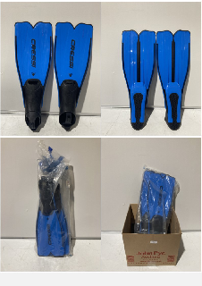 A BOX TO INCLUDE CRESSI BLUE/BLACK SCUBA FLIPPER