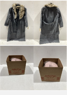 A BOX TO INCLUDE WOMEN GREY WOOL COAT WITH A FUR HOOD