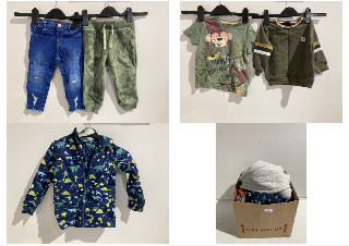 A BOX OF CHILDREN'S CLOTHING TO INCLUDE FLORAL DUNGAREES 12-18M