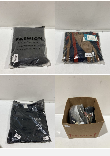 A BOX OF WOMEN'S CLOTHING TO INCLUDE COCKPIT WOMENS AUTUMN BLK/GREY DRESS SIZE M