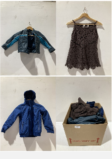 A BOX OF CHILDREN'S CLOTHING TO INCLUDE NEXT 8/16M BLUE LEATHER JACKET