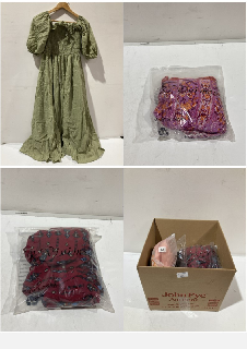 A BOX OF ITEMS TO INCLUDE R.VIVIMOS PINK,ORANGE AND PURPLE DRESS SIZE L RRP £95