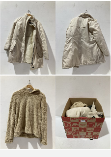 A BOX OF ASSORTED ITEMS TO INCLUDE VERY CREAM PUFFER COAT UK 16