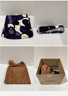 A BOX OF ASSORTED ITEMS TO INCLUDE PURPLE/ WHITE WOMENS DRESS