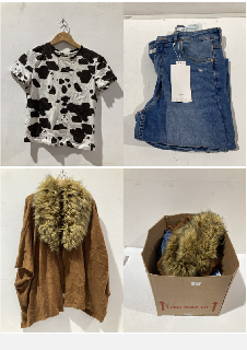 A BOX OF ASSORTED ITEMS TO INCLUDE DENIM BERSHKA JEANS UK 10