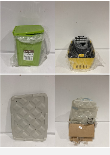 A BOX OF ASSORTED ITEMS TO INCLUDE SMALL GREEN STORAGE BOX/BIN