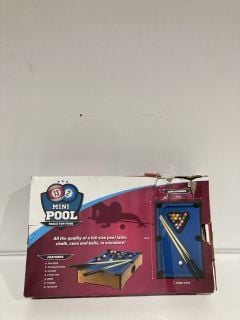 A BOX OF ASSORTED ITEMS TO INCLUDE MINI POOL TABLE TOP POOL