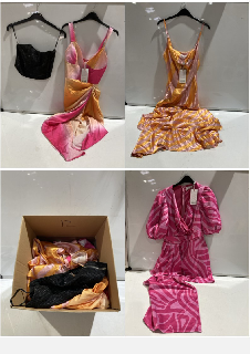 BOX OF PREMIUM DESIGNER APPAREL TO INCLUDE FOREVER UNIQUE PINK MIX OMBRE MIDI DRESS WITH DRAPED SKIRT SIZE 12