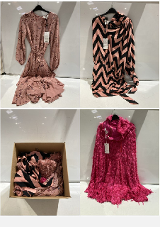 BOX OF PREMIUM DESIGNER APPAREL TO INCLUDE FOREVER UNIQUE PINK DRESS SIZE 8