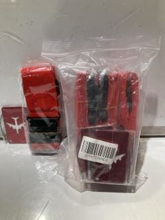 BOX OF ITEMS TO INCLUDE RED LUGGAGE STRAPS WITH TAGS