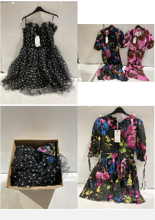 BOX OF PREMIUM DESIGNER APPAREL TO INCLUDE FOREVER UNIQUE BLACK FLORAL MINI DRESS PUFF SLEEVE SIZE 10