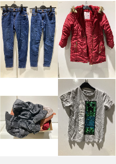 BOX OF CHILDREN'S CLOTHES TO INCLUDE TU RED WINTER PUFFER COAT SIZE 5-6 YEARS