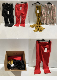 BOX OF PREMIUM DESIGNER APPAREL TO INCLUDE FOREVER UNIQUE RED TROUSERS SIZE 12