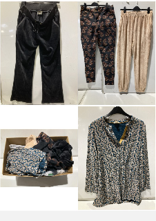 BOX OF WOMEN'S CLOTHES TO INCLUDE WOMENS BLACK VELVET JOGGERS SIZE 12