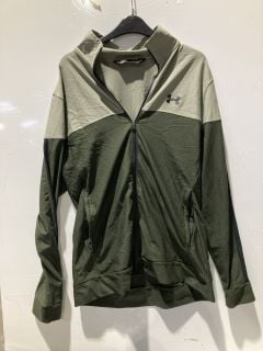 BOX OF MEN'S CLOTHES TO INCLUDE UNDER ARMOUR GREEN FITTED ZIP UP JACKET SIZE LARGE