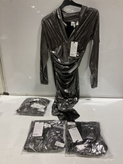 BOX OF PREMIUM DESIGNER APPAREL TO INCLUDE FOREVER UNIQUE SILVER FRONT WRAP MIDI DRESS WITH LONG SLEEVES SIZE 14