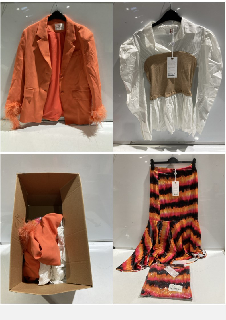 BOX OF PREMIUM DESIGNER APPAREL TO INCLUDE FOREVER UNIQUE MULTI ORANGE MIDI SKIRT WITH FRILL HEM SIZE 8