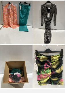 BOX OF PREMIUM DESIGNER APPAREL TO INCLUDE FOREVER UNIQUE BLACK MULTI GRAFFITI PRINT MESH MINI SKIRT SIZE 10