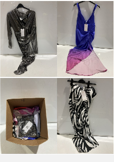 BOX OF PREMIUM DESIGNER APPAREL TO INCLUDE FOREVER UNIQUE BLUE OMBRE MIDI DRESS WITH DRAPED SKIRT SIZE 14