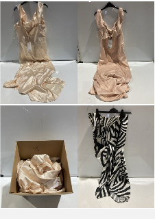 BOX OF PREMIUM DESIGNER APPAREL TO INCLUDE FOREVER UNIQUE CHAMPAGNE SATIN BARDOT MAXI DRESS WITH CORSET BODICE SIZE 18