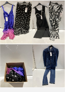 BOX OF PREMIUM DESIGNER APPAREL TO INCLUDE FOREVER UNIQUE BLACK SPOT POLKA DOT SATIN TROUSER WITH ELASTIC BACK SIZE 10