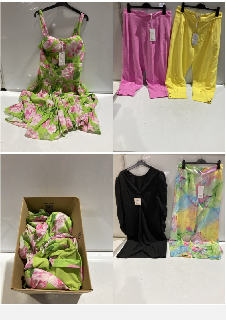 BOX OF PREMIUM DESIGNER APPAREL TO INCLUDE FOREVER UNIQUE GREEN FLORAL PRINT MIDI DRESS WITH RUFFLE SKIRT DETAIL SIZE 16