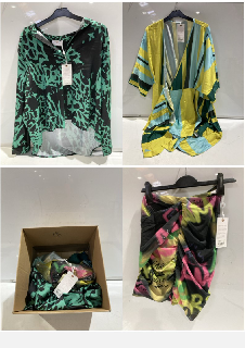 BOX OF PREMIUM DESIGNER APPAREL TO INCLUDE FOREVER UNIQUE GREEN PRINT LEOPARD PRINT BLOUSE SIZE 18