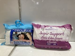 BOX OF BEDDING TO INCLUDE SLUMBERDOWN SUPER SUPPORT 2 PILLOWS