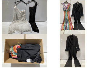 BOX OF PREMIUM DESIGNER APPAREL TO INCLUDE FOREVER UNIQUE BLACK DRESS WITH ONE SHOULDER STRAP SIZE 8